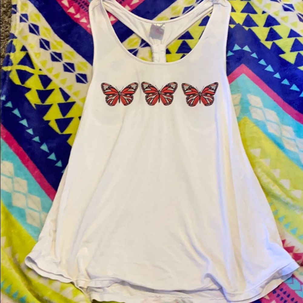 White tank top with red butterflies on the front